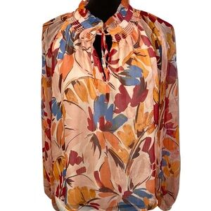 Fate Blouse Size M Floral Print Long Sleeve Ruffled Neck Sheer Romantic